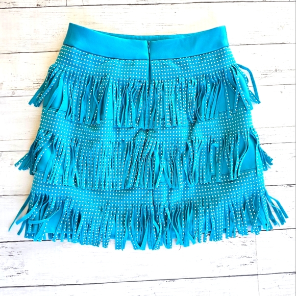 Sincerely Jules Turquoise Blue Faux Leather Studded Suede Fringe Western Skirt - Picture 3 of 10
